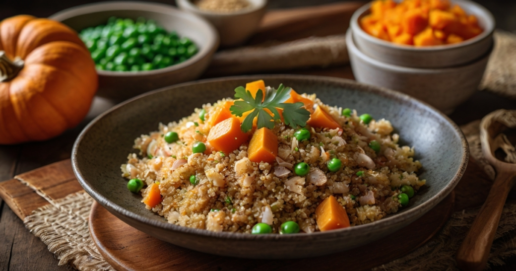 Quinoa-Frango-Desfiado-com-Cenoura-e-Ervilha-Abobora-Assada-Couve-Refogada